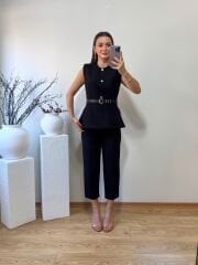 DOUBLE KUMAŞ MARKA MODEL  KEMERLİ YELEK PANTOLON TAKIM SİYAH