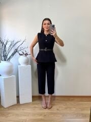 DOUBLE KUMAŞ MARKA MODEL  KEMERLİ YELEK PANTOLON TAKIM SİYAH