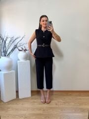 DOUBLE KUMAŞ MARKA MODEL  KEMERLİ YELEK PANTOLON TAKIM SİYAH