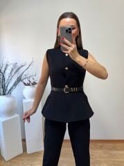DOUBLE KUMAŞ MARKA MODEL  KEMERLİ YELEK PANTOLON TAKIM SİYAH