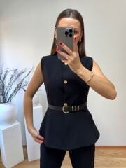 DOUBLE KUMAŞ MARKA MODEL  KEMERLİ YELEK PANTOLON TAKIM SİYAH