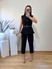 DOUBLE KUMAŞ MARKA MODEL  KEMERLİ YELEK PANTOLON TAKIM SİYAH