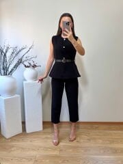 DOUBLE KUMAŞ MARKA MODEL  KEMERLİ YELEK PANTOLON TAKIM SİYAH
