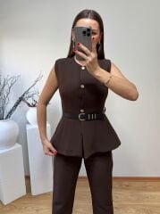 DOUBLE KUMAŞ MARKA MODEL  KEMERLİ YELEK PANTOLON TAKIM KAHVE