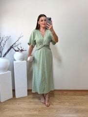 DÜĞÜM DETAYLI İPEK SATEN KENDİNDEN DESENLİ ELBİSE MİNT YEŞİLİ