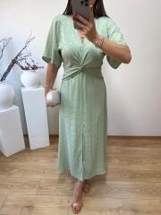 DÜĞÜM DETAYLI İPEK SATEN KENDİNDEN DESENLİ ELBİSE MİNT YEŞİLİ