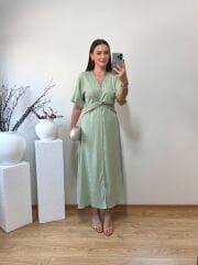 DÜĞÜM DETAYLI İPEK SATEN KENDİNDEN DESENLİ ELBİSE MİNT YEŞİLİ