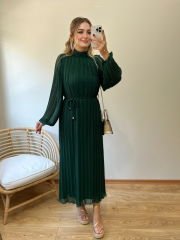 TASARIM MODEL PİLİSE KUMAŞ UZUN KOLLU ELBİSE YEŞİL