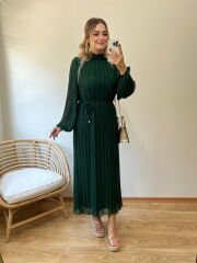 TASARIM MODEL PİLİSE KUMAŞ UZUN KOLLU ELBİSE YEŞİL