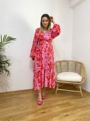 KIRMIZI PEMBE VİSKON KUMAŞ KEMERLİ GÖMLEK ELBİSE