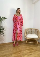 KIRMIZI PEMBE VİSKON KUMAŞ KEMERLİ GÖMLEK ELBİSE