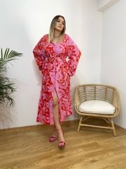 KIRMIZI PEMBE VİSKON KUMAŞ KEMERLİ GÖMLEK ELBİSE