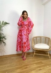 KIRMIZI PEMBE VİSKON KUMAŞ KEMERLİ GÖMLEK ELBİSE