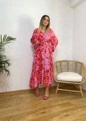 KIRMIZI PEMBE VİSKON KUMAŞ KEMERLİ GÖMLEK ELBİSE