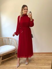 TASARIM MODEL PİLİSE KUMAŞ UZUN KOLLU ELBİSE KIRMIZI