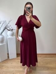 DÜĞÜM DETAYLI İPEK SATEN KENDİNDEN DESENLİ ELBİSE BORDO