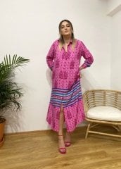 PEMBE MAVİ VİSKON KUMAŞ GÖMLEK ELBİSE