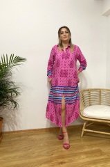 PEMBE MAVİ VİSKON KUMAŞ GÖMLEK ELBİSE