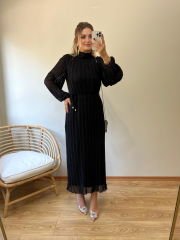 TASARIM MODEL PİLİSE KUMAŞ UZUN KOLLU ELBİSE SİYAH