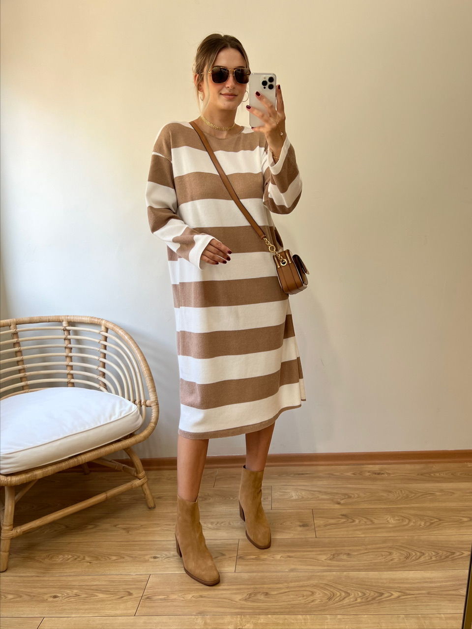 YÜN DOKUMA RAHAT KALIP ÇİZGİLİ ELBİSE KAHVE
