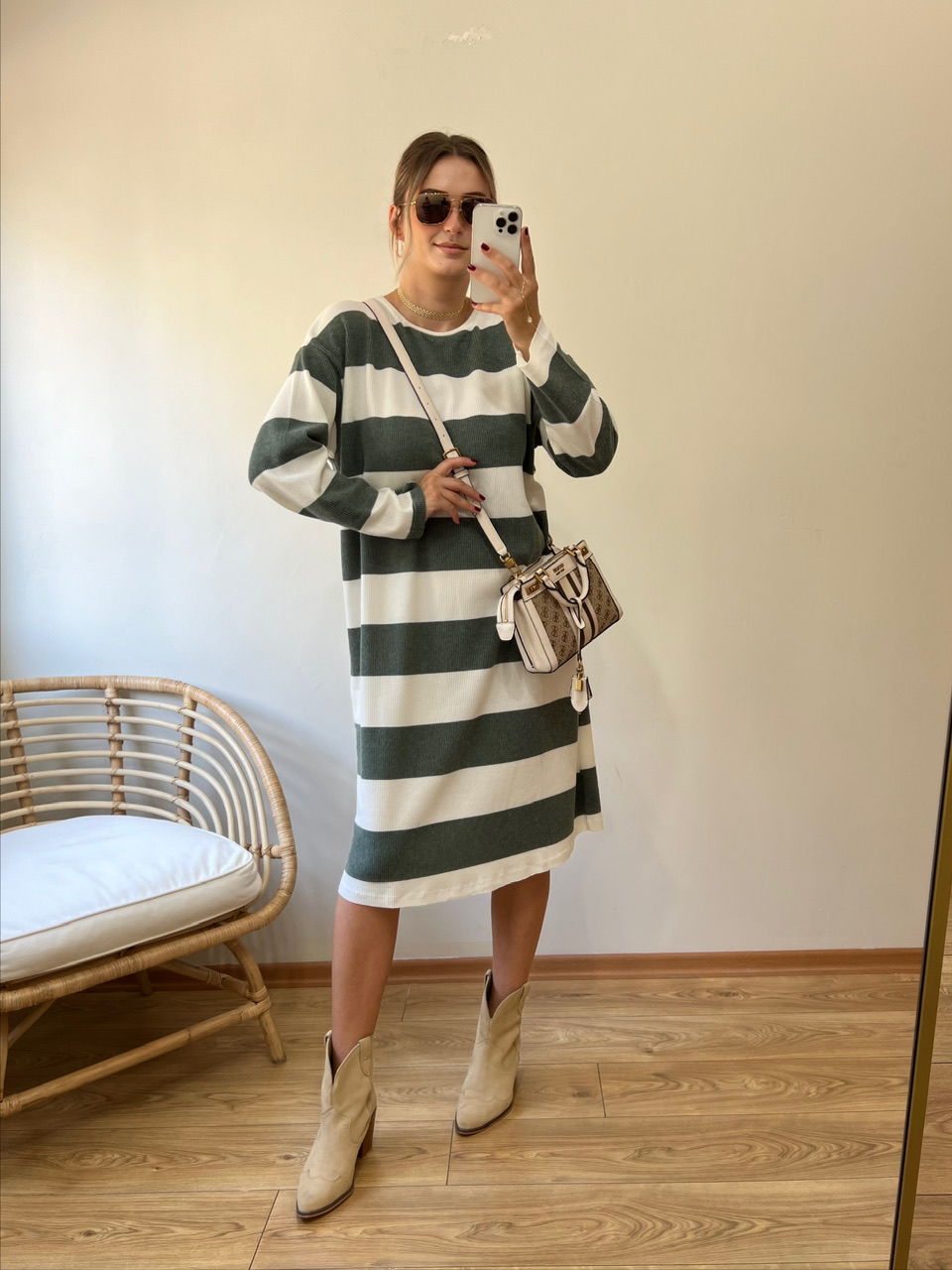 YÜN DOKUMA RAHAT KALIP ÇİZGİLİ ELBİSE YEŞİL