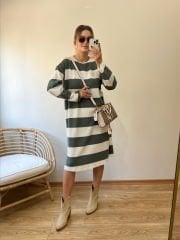 YÜN DOKUMA RAHAT KALIP ÇİZGİLİ ELBİSE YEŞİL