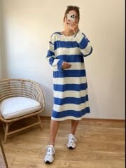 YÜN DOKUMA RAHAT KALIP ÇİZGİLİ ELBİSE MAVİ