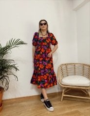 ÇİÇEK DESENLİ ÇOK RENKLİ VİSKON KUMAŞ ELBİSE