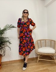 ÇİÇEK DESENLİ ÇOK RENKLİ VİSKON KUMAŞ ELBİSE
