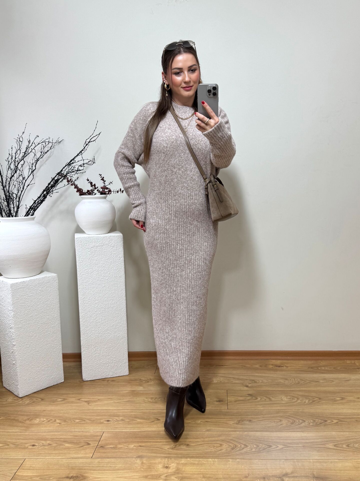 DİLVİN PREMİUM MİDİ TRİKO ELBİSE VİZON