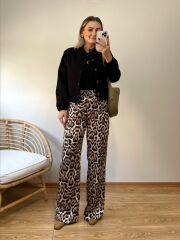 LEOPAR DESEN BELİ LASTİKLİ YÜKSEK BEL SATEN PANTOLON