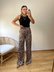LEOPAR DESEN BELİ LASTİKLİ YÜKSEK BEL SATEN PANTOLON