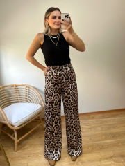 LEOPAR DESEN BELİ LASTİKLİ YÜKSEK BEL SATEN PANTOLON