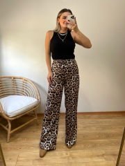 LEOPAR DESEN BELİ LASTİKLİ YÜKSEK BEL SATEN PANTOLON