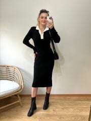 ÖNÜ AÇILABİLİR DÜĞMELİ LİKRALI TRİKO ELBİSE