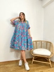 MAVİ VE PEMBE DESENLİ PAMUK VİSKON KUMAŞ RAHAT KALIP GÖMLEK ELBİSE