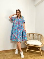 MAVİ VE PEMBE DESENLİ PAMUK VİSKON KUMAŞ RAHAT KALIP GÖMLEK ELBİSE