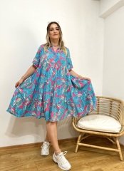 MAVİ VE PEMBE DESENLİ PAMUK VİSKON KUMAŞ RAHAT KALIP GÖMLEK ELBİSE
