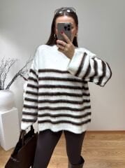 KAHVE ÇİZGİLİ YUMUŞAK KUMAŞ OVERSİZE KAZAK