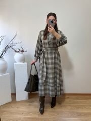 MARKA MODEL EKOSE DESENLİ KUŞAKLI MİDİ ELBİSE YEŞİL