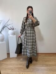 MARKA MODEL EKOSE DESENLİ KUŞAKLI MİDİ ELBİSE YEŞİL