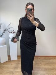 DRAPELİ KENDİNDEN SİMLİ TÜL ELBİSE SİYAH