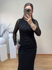 DRAPELİ KENDİNDEN SİMLİ TÜL ELBİSE SİYAH