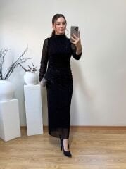 DRAPELİ KENDİNDEN SİMLİ TÜL ELBİSE SİYAH