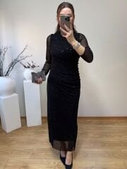 DRAPELİ KENDİNDEN SİMLİ TÜL ELBİSE SİYAH