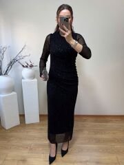 DRAPELİ KENDİNDEN SİMLİ TÜL ELBİSE SİYAH