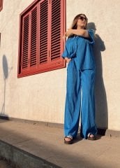 PİLİSE KUMAŞ MAVİ KISA KOLLU GÖMLEK PANTOLON TAKIM