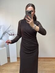 DRAPELİ KENDİNDEN SİMLİ TÜL ELBİSE KAHVE