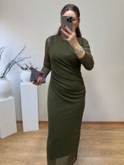 DRAPELİ KENDİNDEN SİMLİ TÜL ELBİSE YEŞİL