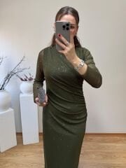 DRAPELİ KENDİNDEN SİMLİ TÜL ELBİSE YEŞİL